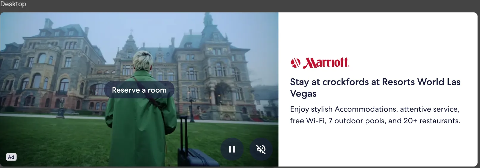 Video Brand Results Listing in Expedia lodging results: a hotel video next to the listing details, with an Ad label.