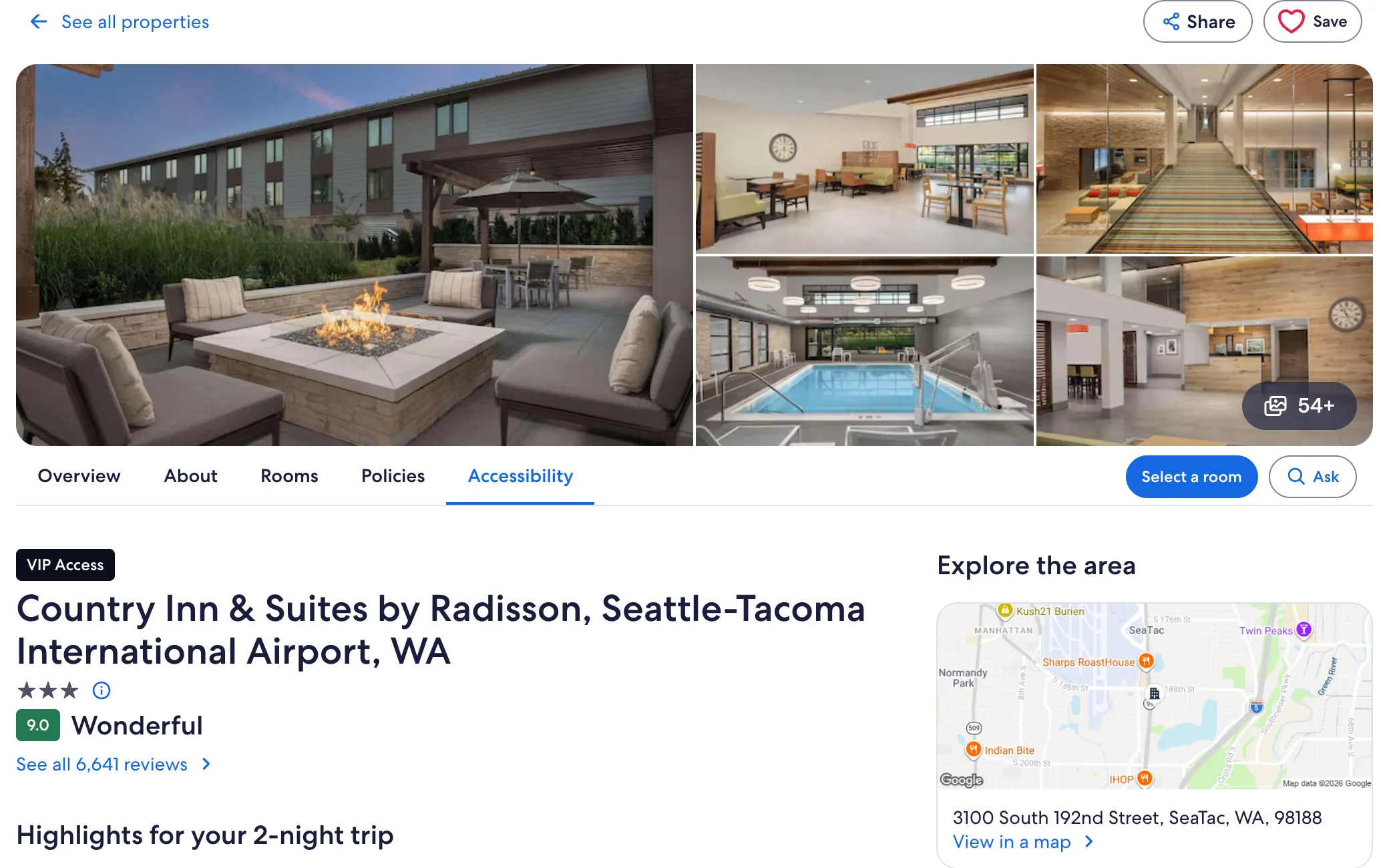 Expedia property page for the same hotel: a large photo of the fire pit patio beside four smaller photos, and tabs for Overview, About, Rooms, Policies and Accessibility.