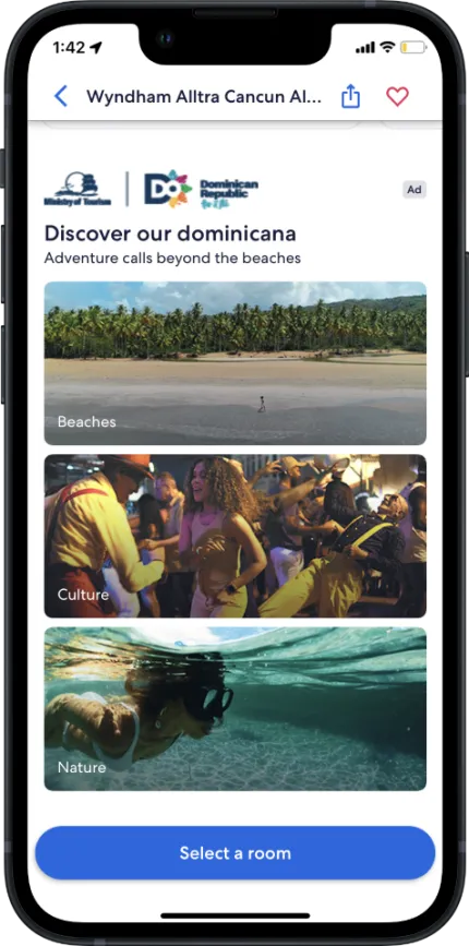 Partner Gallery in the Expedia app: Discover our Dominicana, with three photo tiles for beaches, culture and nature.